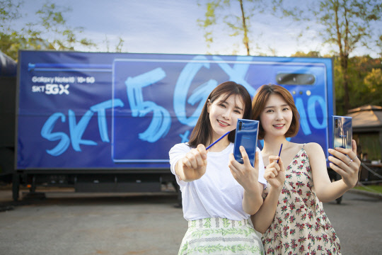 SK텔레콤 모델이 '노트10 체험 트레일러'의 전국 주요 5GX 클러스터 도시를 방문을 홍보하고 있다.   SK텔레콤 제공